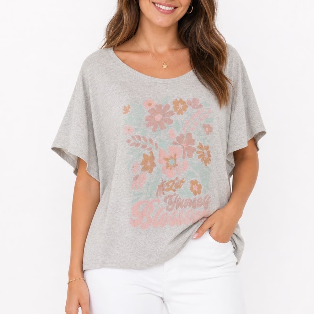Fleurish Gray Let Yourself Blossom Floral Graphic Tee Shirt Plus Size 3X